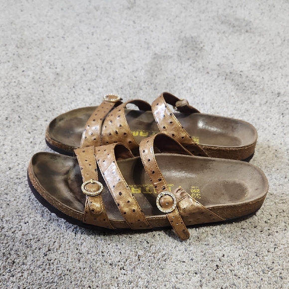 Birkenstock Tatami 3 Strap Ostrich Leather Print Sandals Tan Size 39 Narrow - Picture 1 of 9